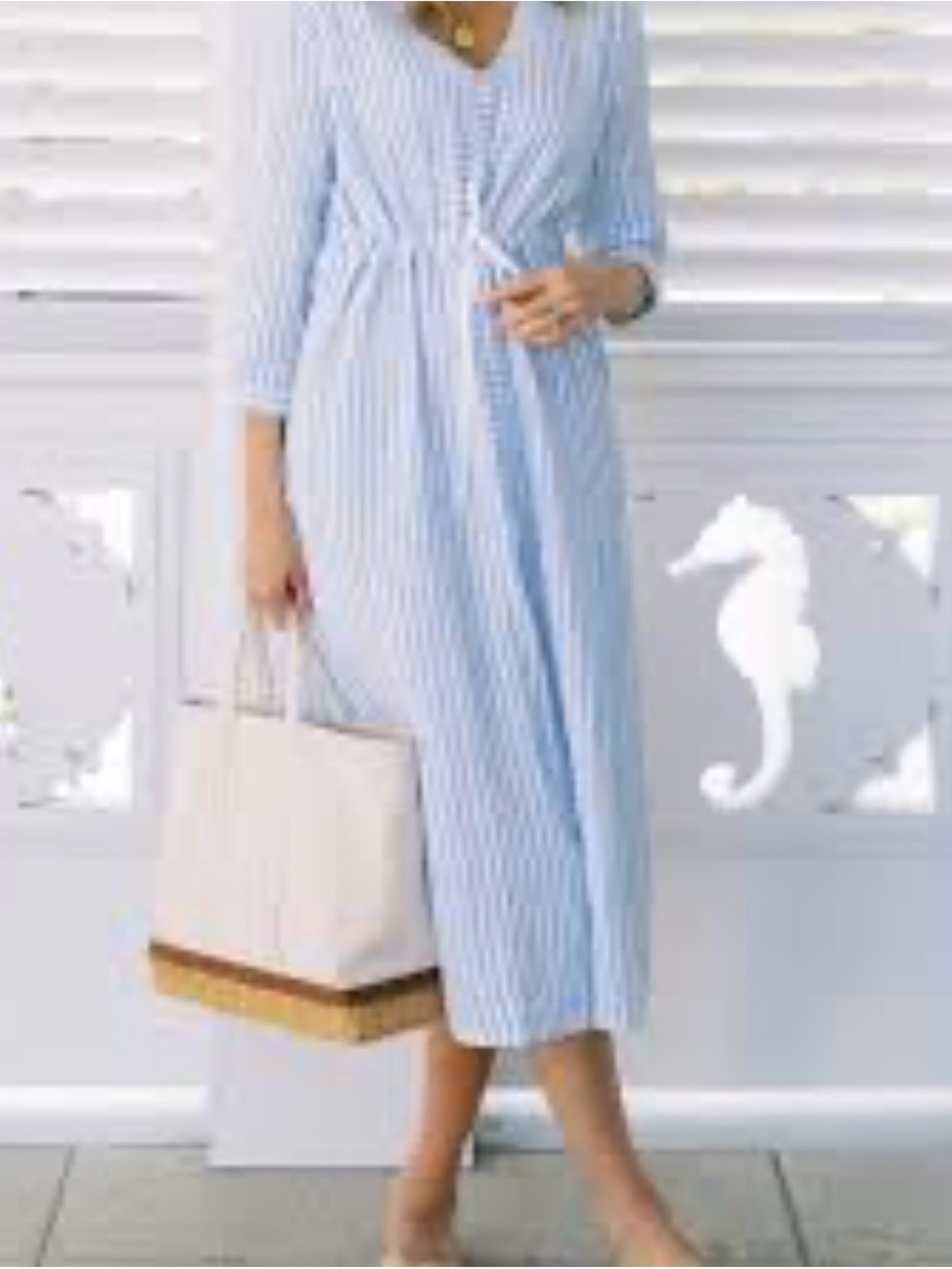 Alice Walk Nantucket Blue Striped Midi Dress with Drawstring Waist NWT L
